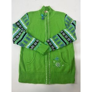 Quacker Factory Women's Green Long Sleeve Full Zip‎ Ski Snow Motif Sweater M